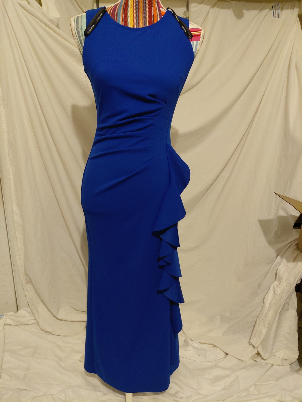 Sleeveless Royal Blue Maxi Dress with Side Ruffle Detail